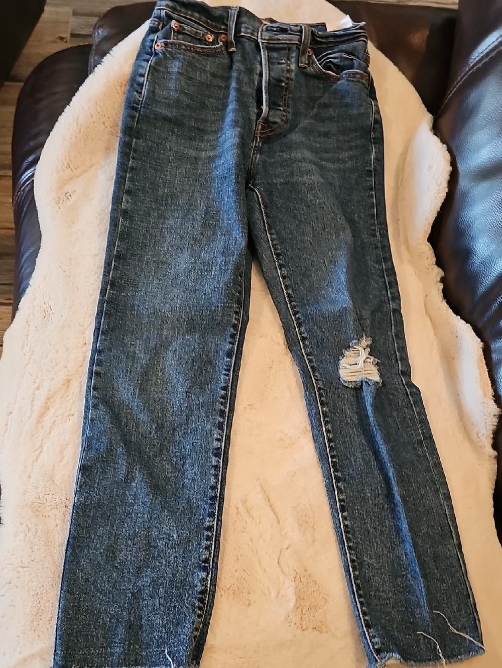 Levis Women's Straight-Leg Distressed Jeans in Dark Blue